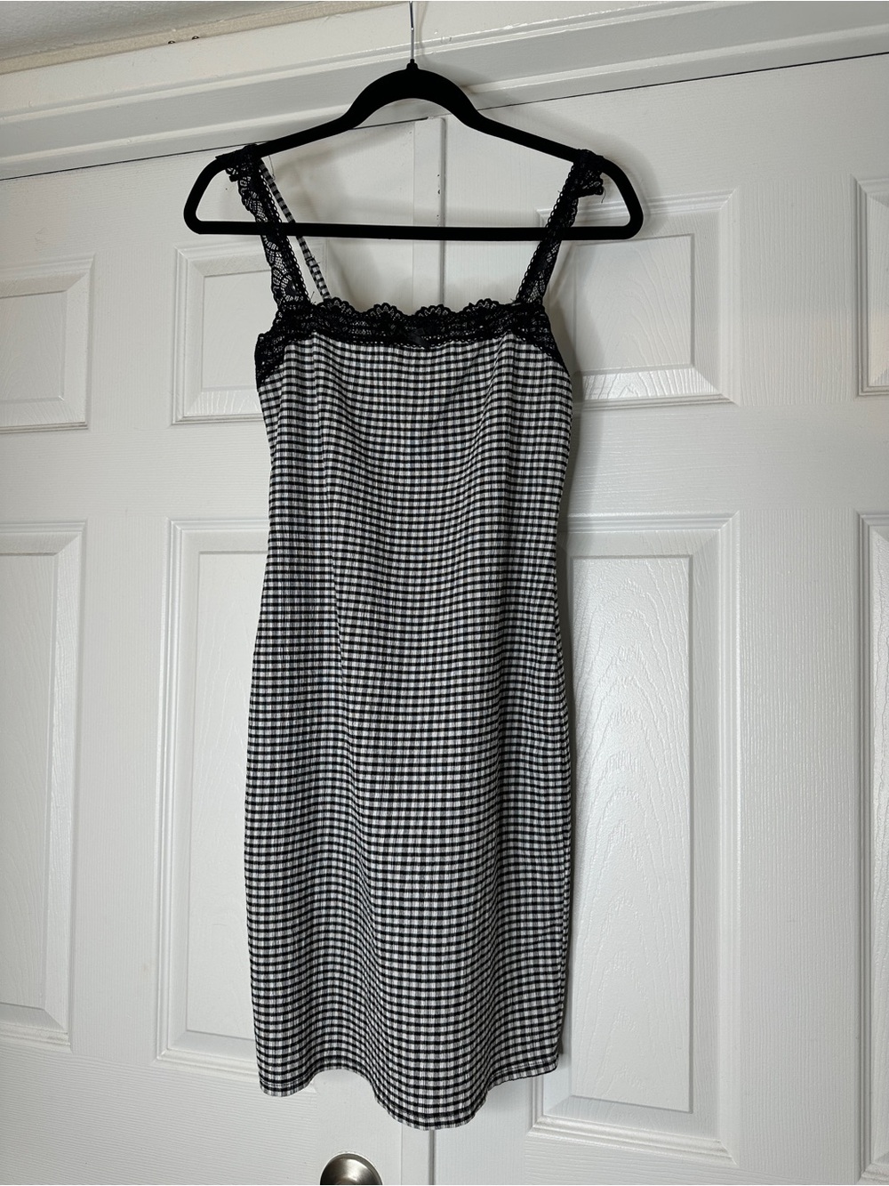 Liz & Sara Black White Gingham Lace Trim Slip Dress Size M Cottagecore Grunge